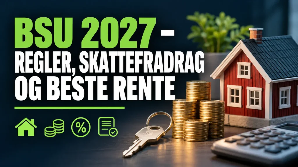 BSU 2027 med norsk miniatyrhus, stablede mynter og husnøkkel på mørkeblå bakgrunn med grønn og hvit overskrift.